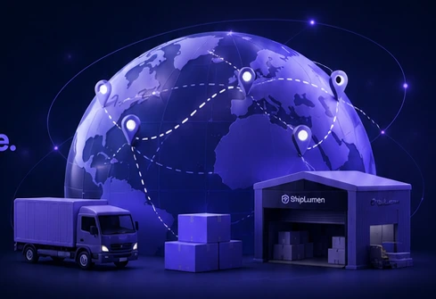 ShipLumen 全球物流网络，包含货车、仓库、包裹和追踪定位点